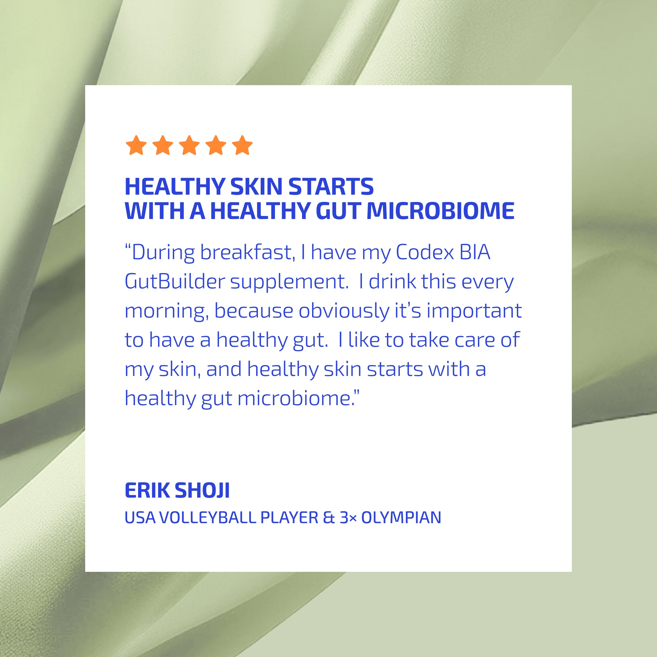 Product advertisement with text about a healthy gut microbiome supplement, featuring a quote from Erik Shoji.