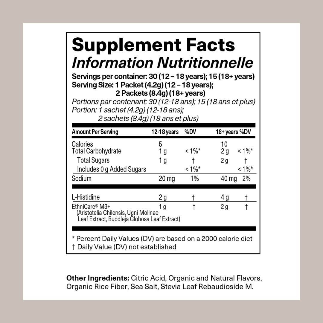 Supplement facts label on a light gray background