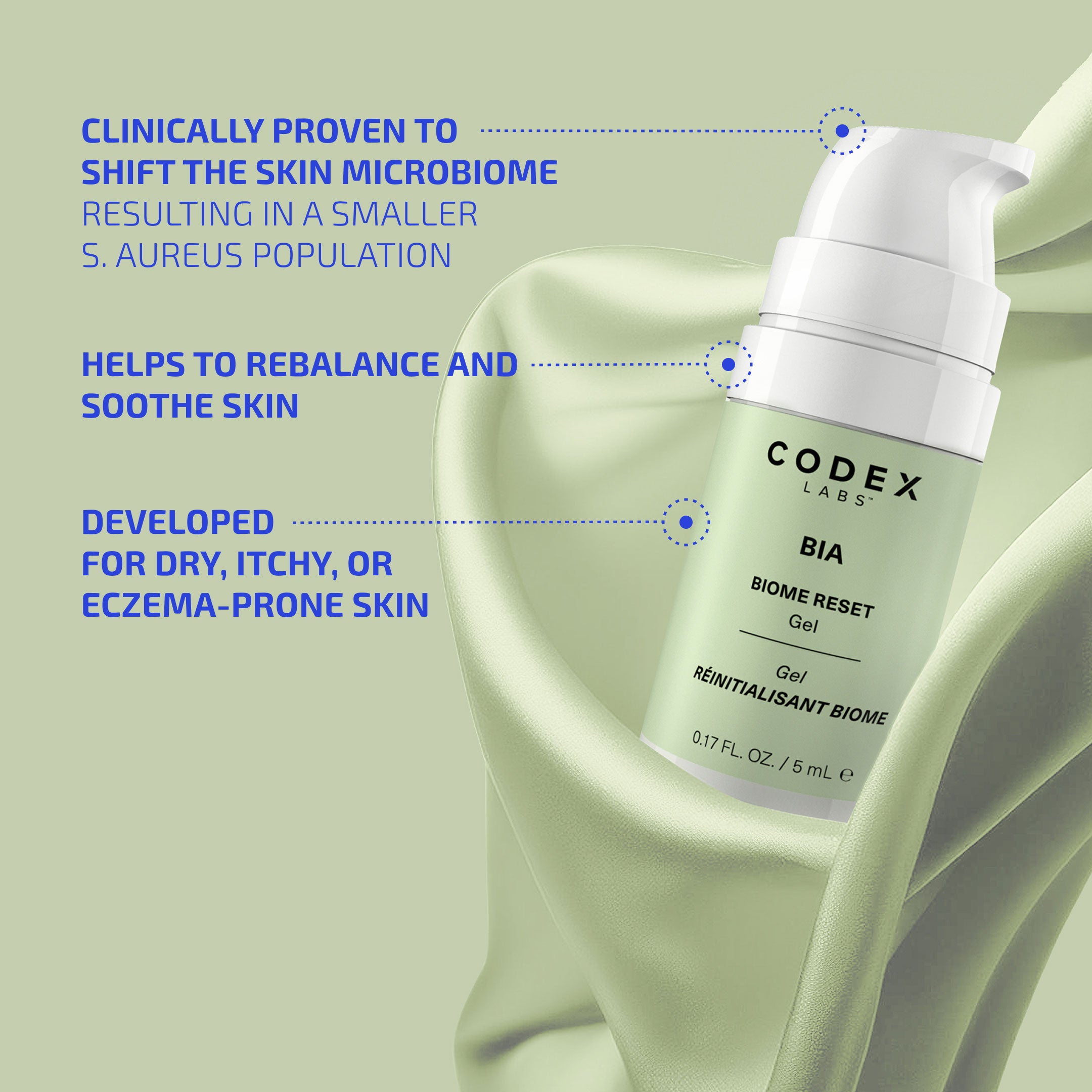 Codex Labs BIA Biome Reset Gel bottle with text on a green background