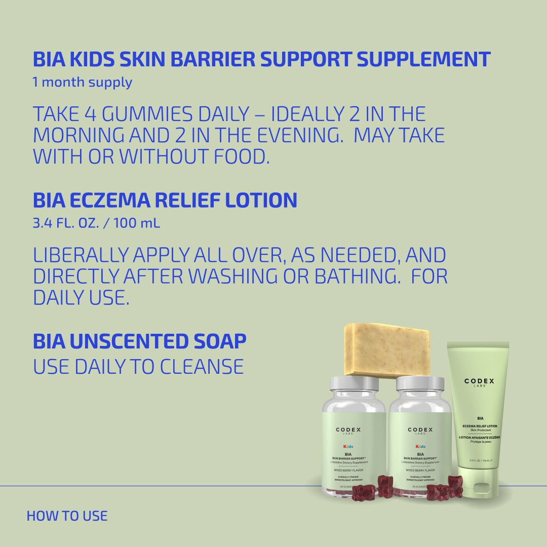 Product information for BIA Kids Skin Barrier Support Supplement, Eczema Relief Lotion, and Unscented Soap on a green background.