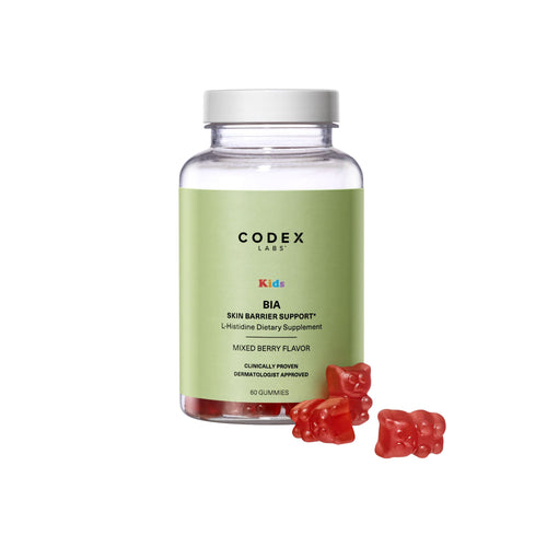 Supplement bottle labeled 'Codex Labs' with gummy bears on a white background