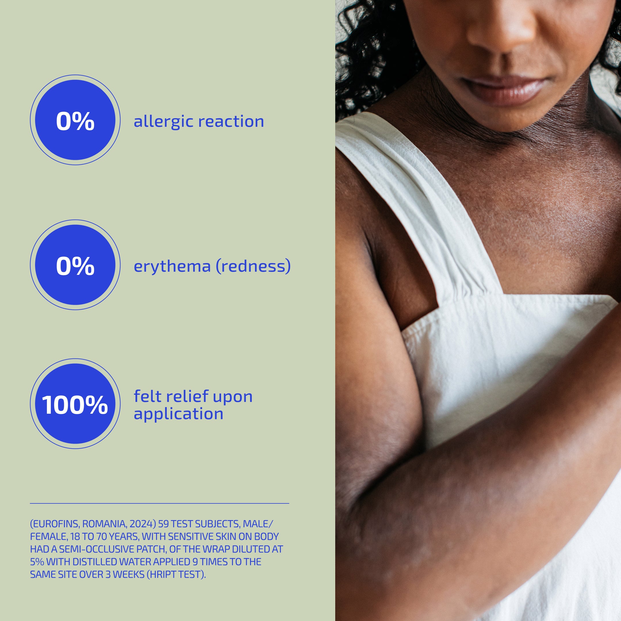 Product effectiveness claims with a person wearing a white garment.