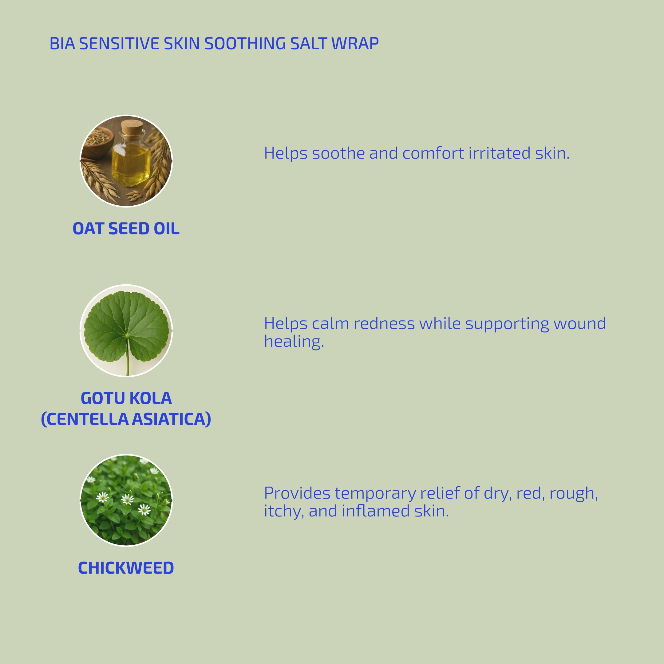 Product description of BIA Sensitive Skin Soothing Salt Wrap with ingredients and benefits on a green background.