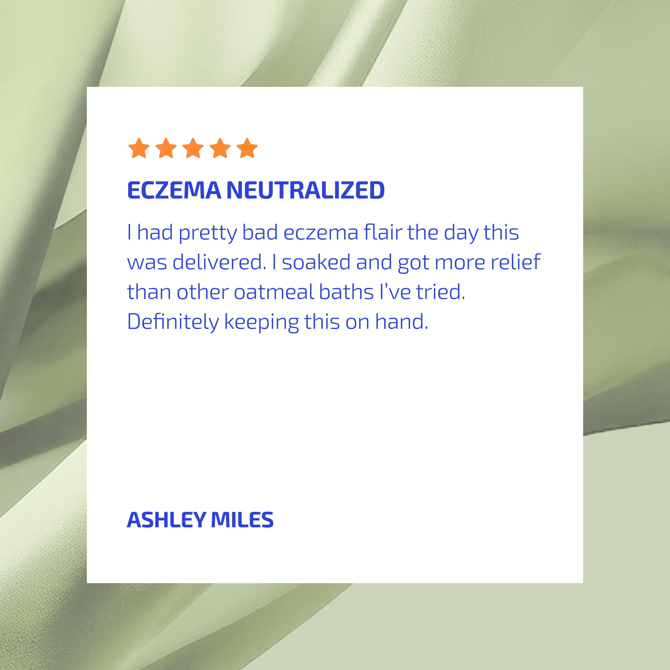 Product review card with star rating, text, and name on a light green abstract background. 5 Stars