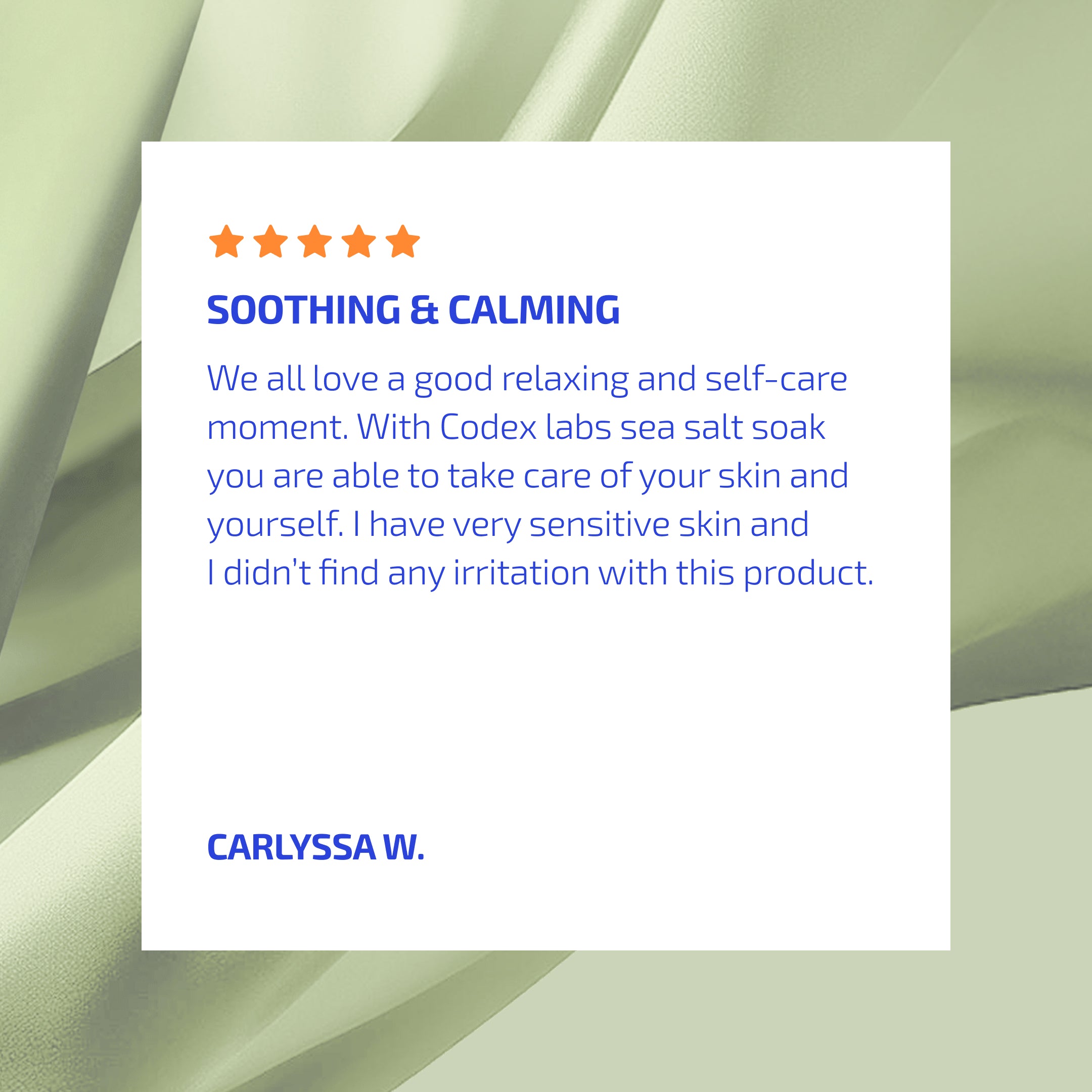 Product review card with five-star rating and text on a light green abstract background