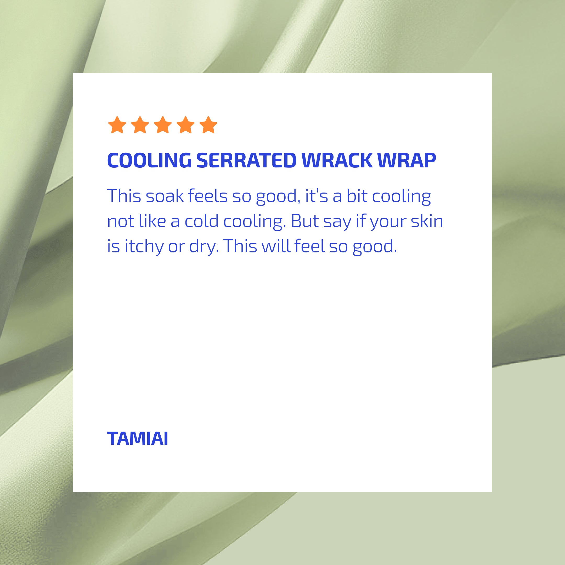 Product description card for a cooling serrated wrap with a white background and green abstract design.