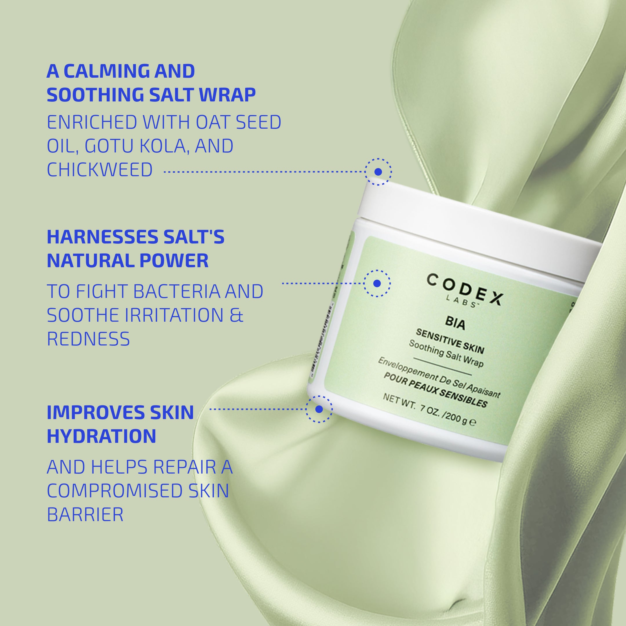 Codex Labs BIA Sensitive Skin Salt Wrap with product details on a light green background