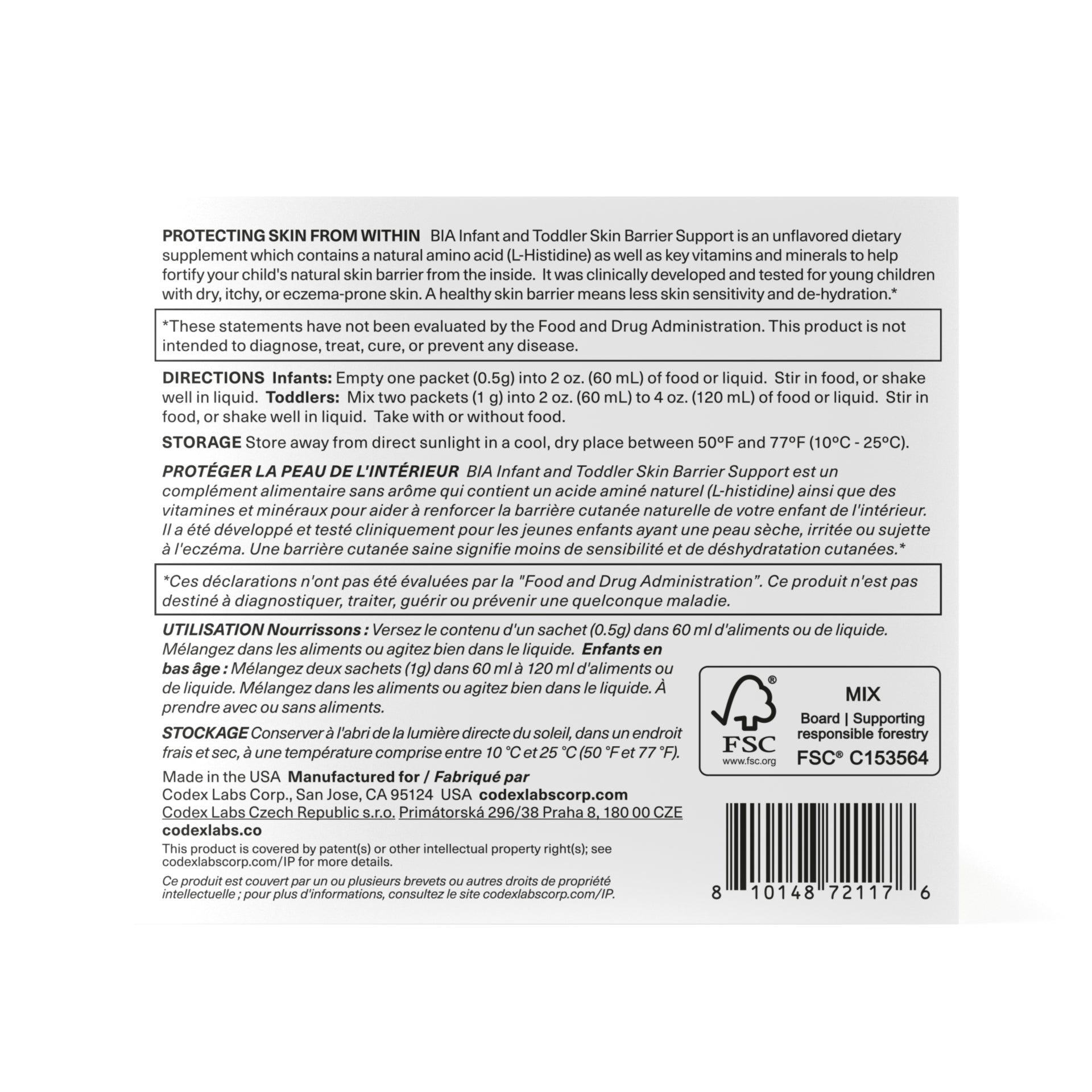 Back label of a dietary supplement packaging with text and FSC logo.