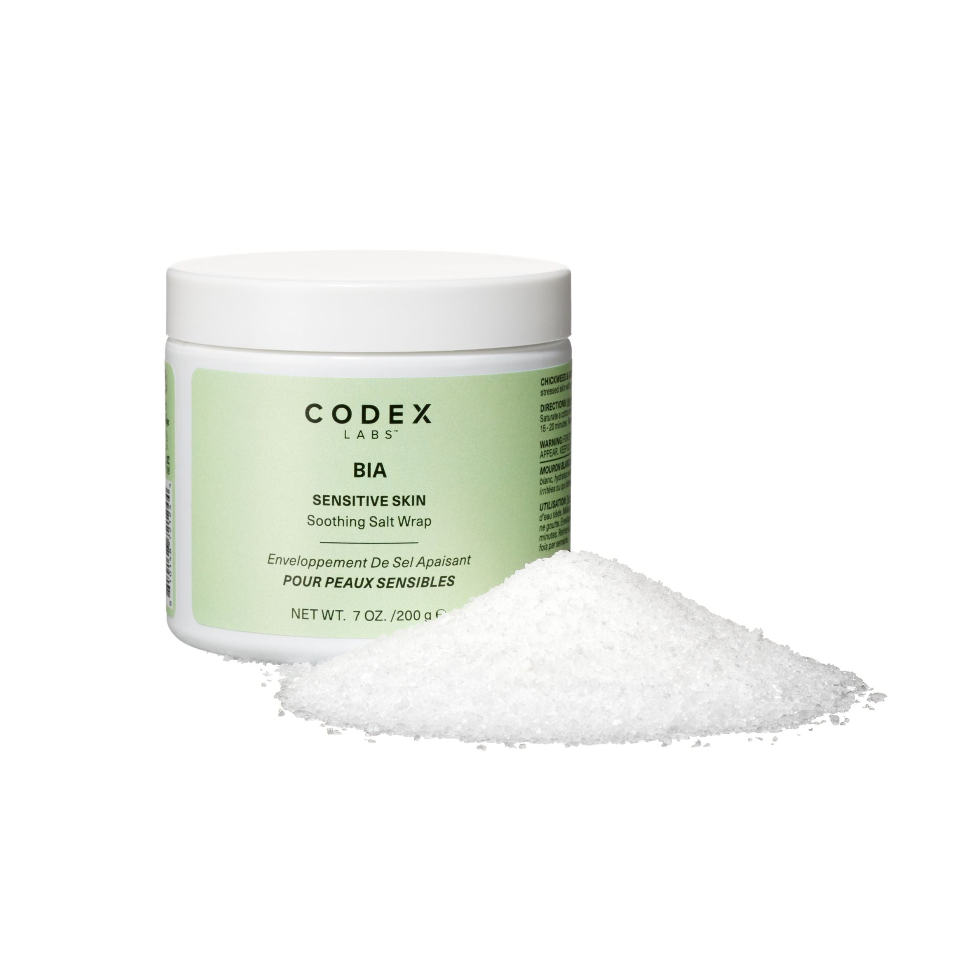 Jar of Codex Labs BIA Sensitive Skin Soothing Salt Wrap with salt on a white background