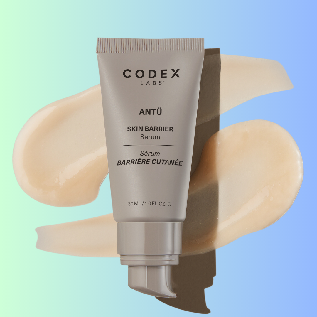Codex Labs Antu Skin Barrier bottle on a blue and green background.