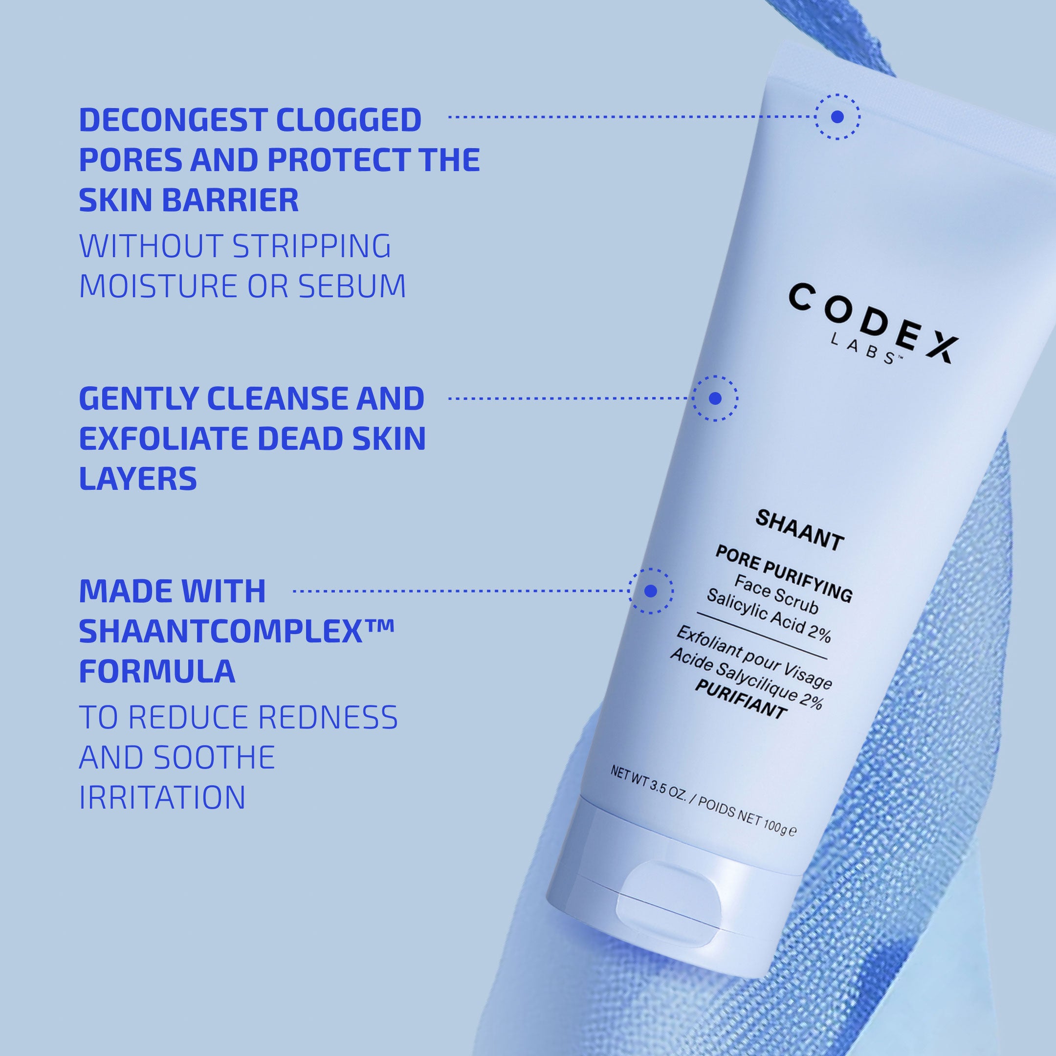 Codex Labs Shaant Pore Purifying Face Scrub with product details on a blue background