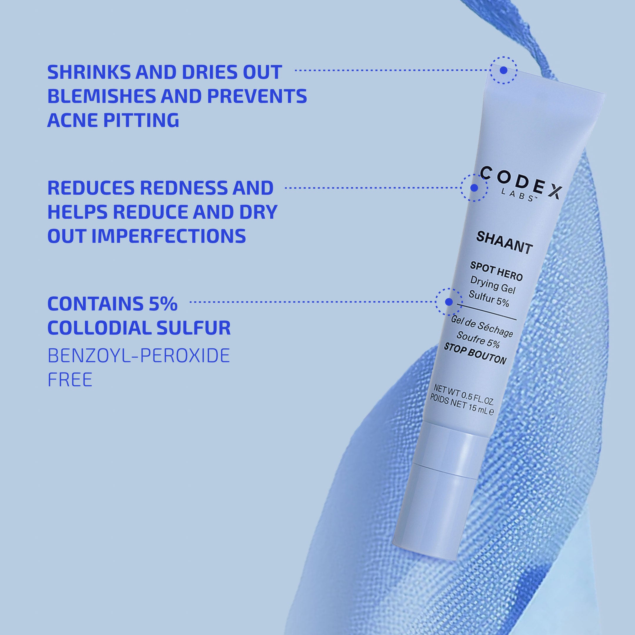 Codex Labs Shaant Spot Hero Drying Gel with product details on a blue background